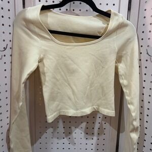 OQQ Ribbed Long Sleeve Cropped Top Cream M Scoop Neck